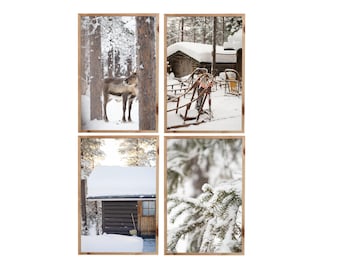 Póster de fotografía de invierno de Laponia Set 4 imágenes | Finlandia Reno Pared Arte Boho Nieve Hielo Paisaje Noruega Suecia Decoración Digital