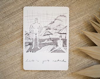 Postal A6 "Desnudándonos" | Lámina artística | en la playa | nudista | desnudo | desnudo | mar