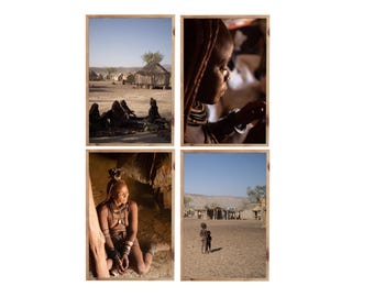 Póster fotográfico de la aldea himba de Namibia (juego de 4 imágenes) | Arte mural africano, retrato, paisaje africano desértico, decoración digital
