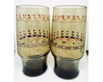 Floral Patterned Glasses Set of Five Mid Century Kitchenware Vintage Drinking Cups
