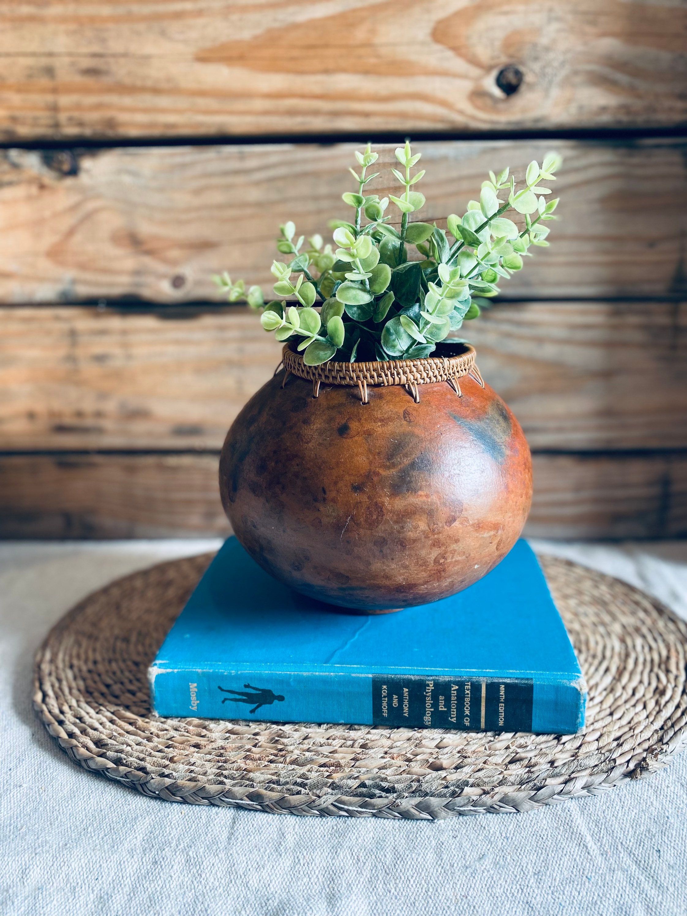Vintage Two Toned Boho Vase Woven Straw Trim Boho Home Etsy
