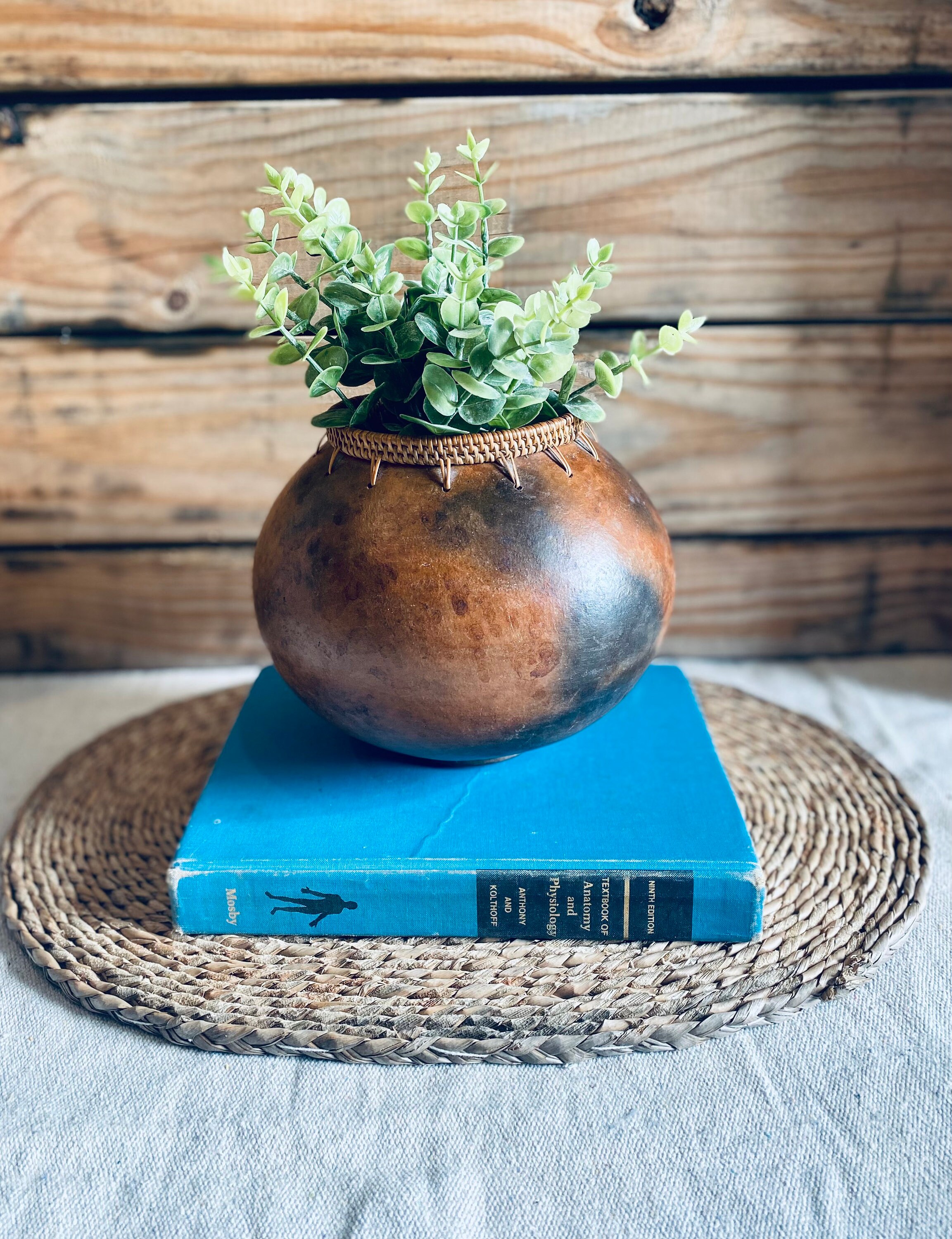 Vintage Two Toned Boho Vase Woven Straw Trim Boho Home Etsy