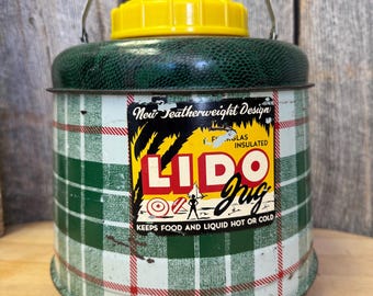 Jarra Lido vintage, contenedor de bebidas de metal con cuadros escoceses
