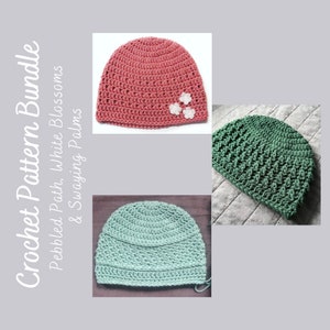 Patrón de gorro de crochet para mujer, patrones de gorros de quimioterapia de crochet, gorro Pebbled Path, gorro White Blossoms, patrón de crochet para principiantes, gorro de quimioterapia de crochet