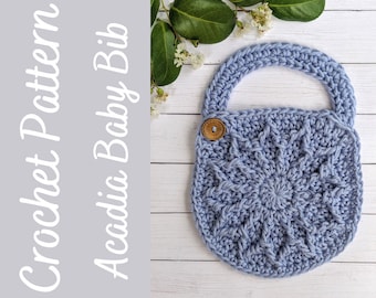 Virkat haklappsmönster, Acadia haklappsmönster, Virkhandledning, Boho haklappsmönster, Handgjord babyshowerpresent, Nyfödd dregelhaklapp