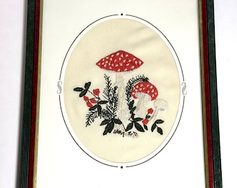 Vintage Mushroom Cross-stitch, Framed Art