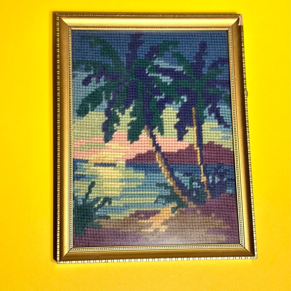 Vintage Needle Point, Framed, Palm Trees, Small Art