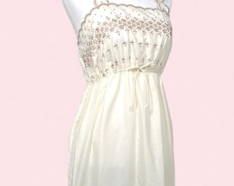 Vintage witte maxi-jurk jaren 70 boho prairie, nachtjapon, maat Small
