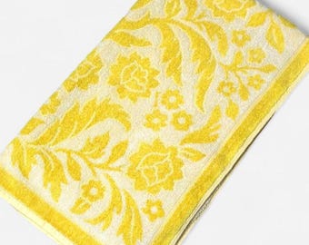 Vintage gele badhanddoek uit de jaren 70, bloemenprint