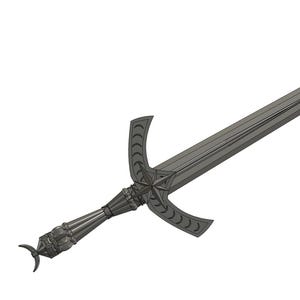 May include: A detailed, grey sword with a long, pointed blade. The hilt features a star design and crescent moon accents. The sword's design is intricate and appears to be made of metal.
