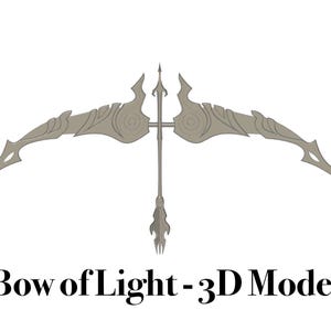 May include: A silver-colored bow with intricate details, resembling a weapon from a fantasy game. The bow is called "Bow of Light - 3D Model".