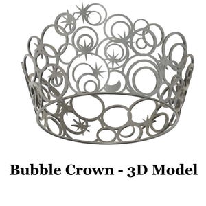 May include: A silver metal crown with a bubble design. The crown is made of many interlocking circles and stars.