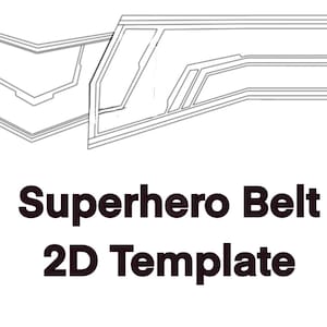 Könnte beinhalten: Eine schwarz-weiße 2D-Vorlage für einen Superhelden-Gürtel. Das Design zeigt geometrische Formen und Linien, mit den Worten "Superhero Belt 2D Template" in fett gedrucktem, dunkelbraunem Text.