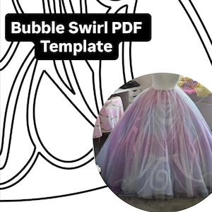 May include: A multi-layered, pastel-colored dress with a white bodice and a voluminous skirt. The skirt transitions from pink to purple to blue, with a delicate, swirling pattern. The text "Bubble Swirl PDF Template" is displayed in a black rectangle.