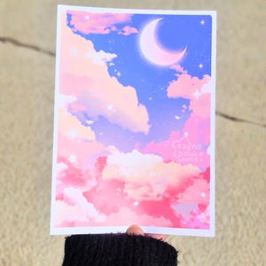 Evening Dusk Retro Art Print, Kawaii Art Print, Cute Prints, Aesthetic Art Print, Landscape Painting, Anime Scene, Starry Sky, Cute Gifts image 2