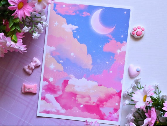Evening Dusk Retro Art Print, Kawaii Art Print, Cute Prints, Aesthetic Art Print, Landscape Painting, Anime Scene, Starry Sky, Cute Gifts