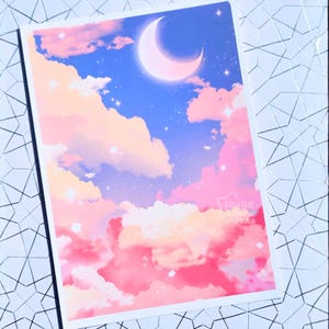 Evening Dusk Retro Art Print, Kawaii Art Print, Cute Prints, Aesthetic Art Print, Landscape Painting, Anime Scene, Starry Sky, Cute Gifts image 1