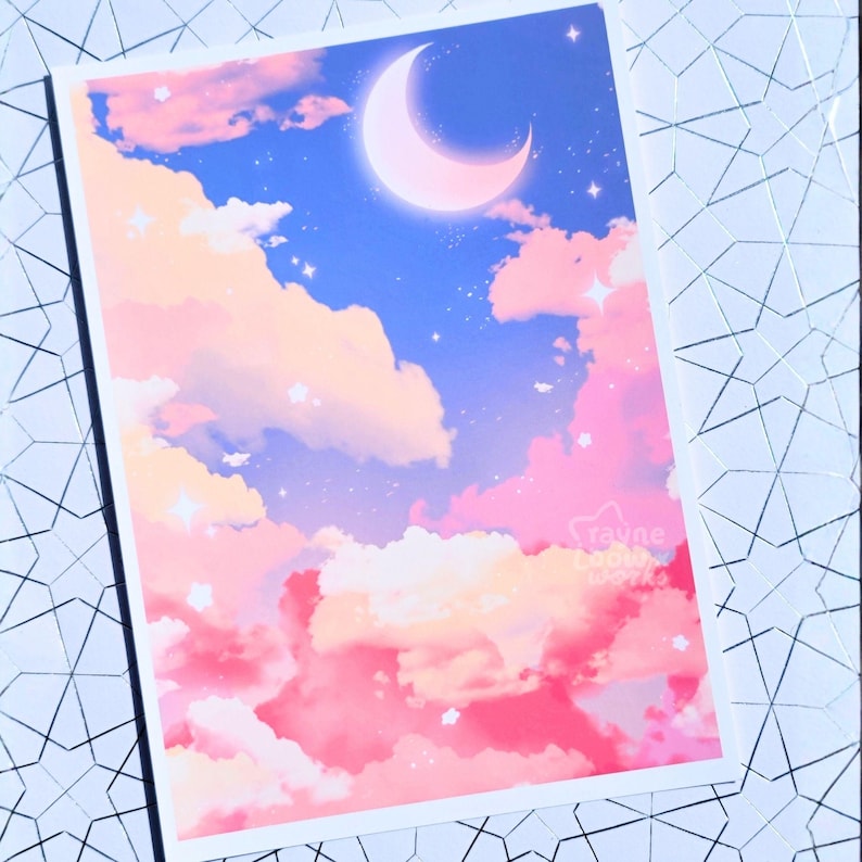 Evening Dusk Retro Art Print, Kawaii Art Print, Cute Prints, Aesthetic Art Print, Landscape Painting, Anime Scene, Starry Sky, Cute Gifts image 1