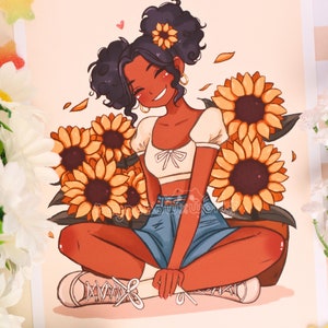 Happy Sunflower Girl, Cute Art Print, Kawaii Art Print, Cute Wall Decor, Flowers Art, Aesthetic Art Print, Anime Art Print, Sunflower Print