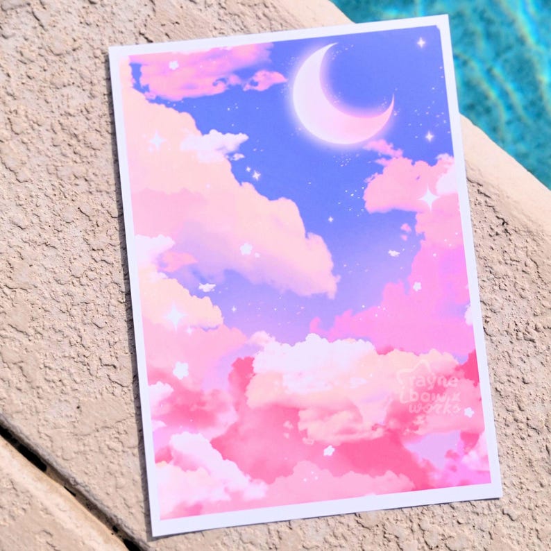 Evening Dusk Retro Art Print, Kawaii Art Print, Cute Prints, Aesthetic Art Print, Landscape Painting, Anime Scene, Starry Sky, Cute Gifts image 3
