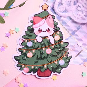 Cat In Christmas Tree  Sticker, Vinyl Sticker, Cute Sticker, Aesthetic Sticker, Funny Sticker, Animal Sticker, Holiday Sticker