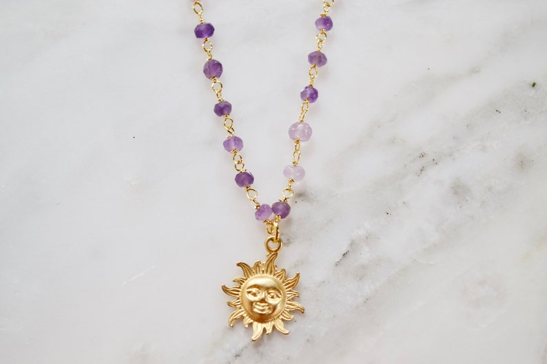 Sun Jewel Gold Amethyst Necklace Amethyst Sun Necklace Gold and Purple Necklace Amethyst Necklace Purple Necklace February Birthstone