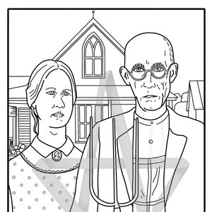 American Gothic by Grant Wood Adult Coloring Page Digital