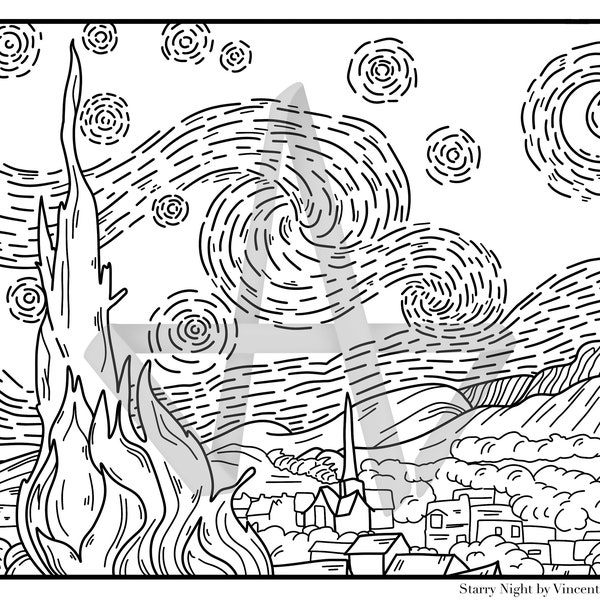 Starry Night by Vincent Van Gogh Adult Coloring Page Digital