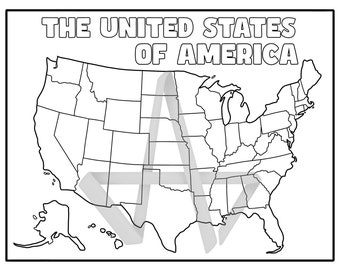 May include: A black and white outline map of the United States of America with state borders. The map is divided into individual states. The title "THE UNITED STATES OF AMERICA" is at the top of the map.