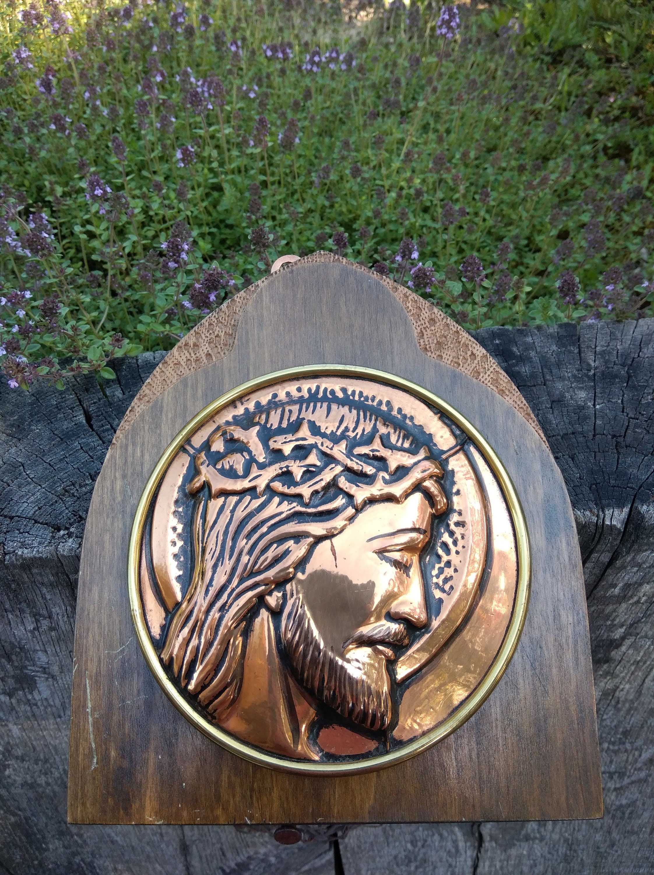 Icône Religieuse Cuivre Repoussé sur Plaque de Bois/ Icone, Christ Wrought Copper Head On Wood Work
