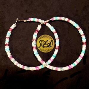 Large Beaded Hoop Earrings Mint and Purple Oversized Hoops