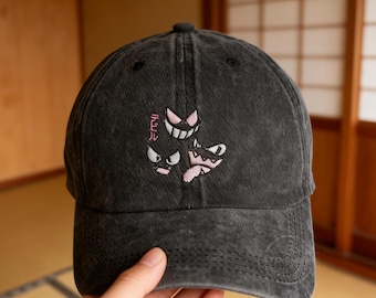 Gengar Face Embroidered Baseball Hat,Japanese Goblin Embroidered Adjustable Hat,Ghost Type Anime Embroidered Hat,Vintage Wash Cotton Hat