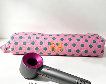 Gepersonaliseerde opbergtas voor haaraccessoires met monogram en stippen, op maat gemaakte tas voor make-up en haaraccessoires, reistas voor krultang, draagbare opbergtas