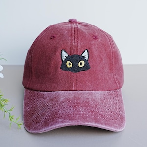 Cat Embroidered Hat,Embroidered Black Cat Baseball Cap,Unisex Cap,Vintage Washed Cotton Baseball Cap,Cat Lovers Cap,Aesthetic Black Cat Hat