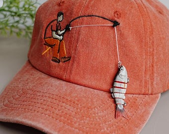 Embroidered Fisherman Hat with Fish,Man Fishing Hat,Vintage Washed Cotton Baseball Hat,Embroidered Baseball Cap,Gift for Anglers,Unique Gift