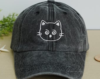 Cat Face Embroidered Hat,Cute Cat Expressions Baseball Hat,Vintage Washed Cotton Adjustable Hat,Comfortable Unisex Hat,Unique Cat Lover Gift