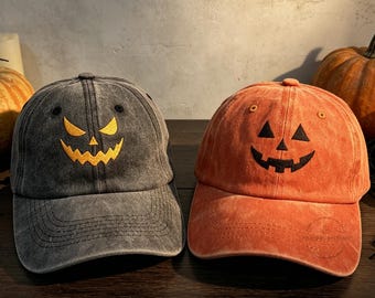 Halloween Embroidered Cap,Embroidered Jack O Lantern Pumpkin Cap,Spooky Season Hat,Vintage Wash Baseball Cap,Spooky Halloween Costume Cap