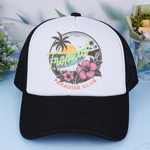 Retro Tropical Palm Sunset Hat,Beach Seawater Sunset Trucker Hat,Summer Beach Travel Hat,Vacation Hat,Women’s Baseball Hat,Ponytail Hat,Gift