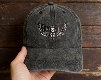Death's Head Moth Embroidered Hat,Embroidered Goth Baseball Cap,Vintage Washed Baseball Cap,Adjustable Snapback Hat,Dark Goth Aesthetic Hat