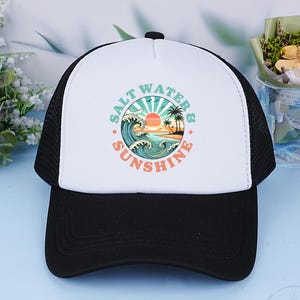 Ocean Wave Palm Tree Sunset Hat,Salt Water, Seashells, and Sunshine Trucker Hat,Summer Beach Hat,Retro Boating Hat,Tropical Vacation Hat