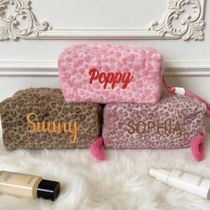 Embroidered Leopard Print Plush Makeup Bag,Personalized Cosmetic Pouch,Cosmetic Toiletry Bag,Embroidered Name Makeup Bag,Travel Makeup Pouch