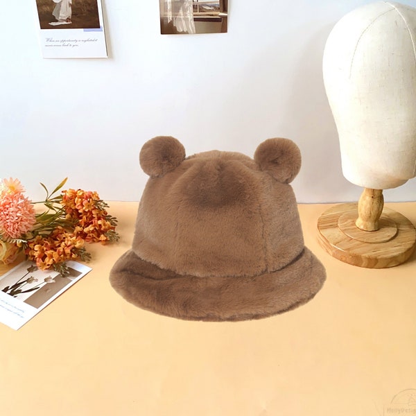 Bob pelucheux,Chapeau oreille d'ours mignon,Chapeau d'extérieur blanc,Chapeau chaud,Chapeau en laine épaissie,Chapeau pour femme,Chapeau en fausse fourrure,Chapeau de pêcheur tendance,Cadeau