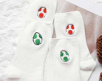 Embroidered Mario Egg Socks,Comfort Cotton Socks,Cute Embroidered Dragon Egg Socks,Yoga Pilates Socks,Casual Socks,Unisex Cotton Crew Socks