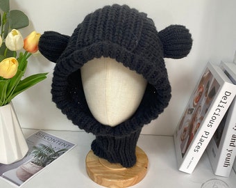 Unisex Balaclava Hat,Kawaii Bear Hat,Cute Ears Hat,Ear Protectors Hat,Knitted Winter Warm Hat,Autumn Beanie Hat,Funny Fashion Balaclava