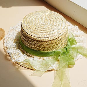 Summer Beach Hat,Wide Brim Straw Hat with Lace,Bow Straw Hat,Tea Party Hat,Fashion Beach Hat,Sun Hat,Fancy Derby Bonnet Hat,Handmade Fedora