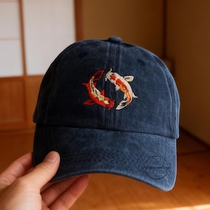 Koi Fish Embroidered Hat,Japanese Koi Fish Embroidered Adjustable Hat,Vintage Baseball Cap,Minimalist Yin Yang Koi Fish Cap,Wash Cotton Hat