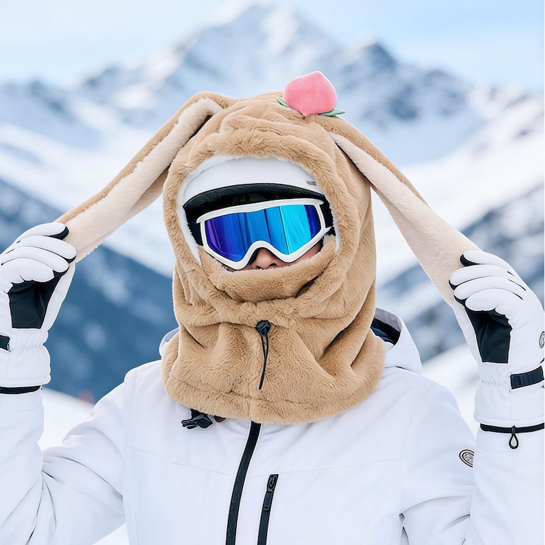 Cute Bunny Pullover Hat,Full Face Ski Mask,Cartoon Animal Plush Hat,Face Covering Hat,Winter Warm Hat,Funny Peach Rabbit Balaclava Hat,Gift image 11