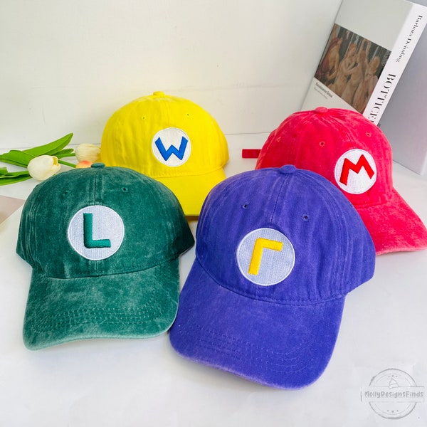Super Mario Baseball Caps,Mario Bros Washed Canvas Hat,Unisex Baseball Hat,Cartoon Peaked Cap,Super Mary Embroidered Baseball Hat,Luigi Hats