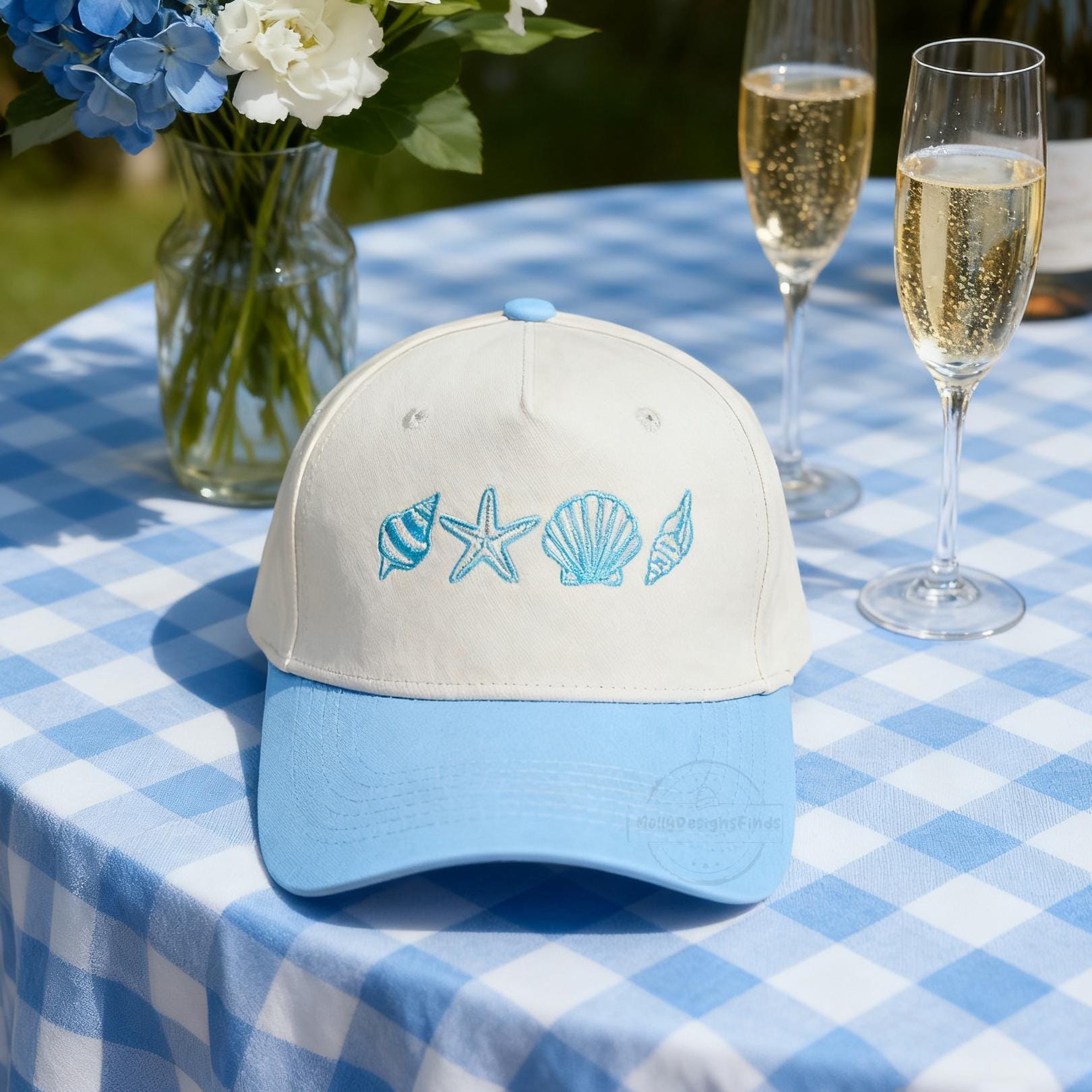 Blue vegan suede hand engraved Hat with mermaid seascape with light blue  band Beach Mermaid Hat | Fishwife | Fishwife main image 4