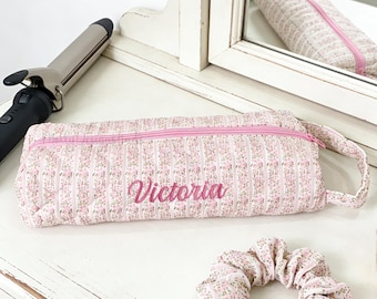 Borsa organizer per strumenti per capelli con ricamo personalizzato del nome e motivo floreale, borsa da viaggio personalizzata per trucco e strumenti per capelli, custodia per arricciacapelli, borsa per strumenti per capelli